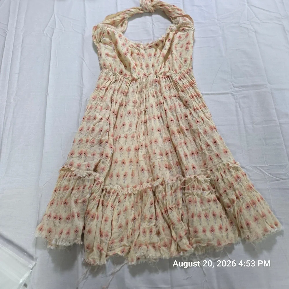 Free People FP One Halter Mini Dress Gauze Raw Edge Boho Tiered xs/s stretch